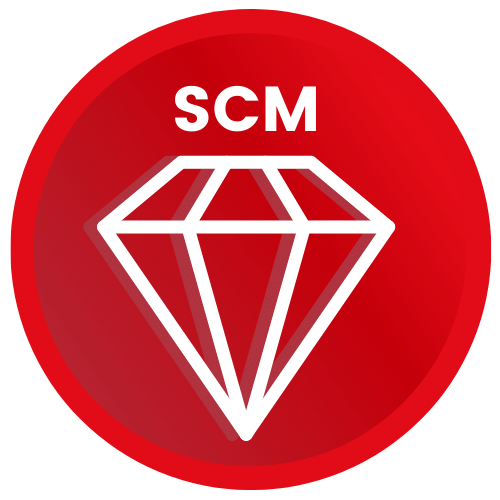 Logo - timantti ja SCM-lyhenne punaisella taustalla